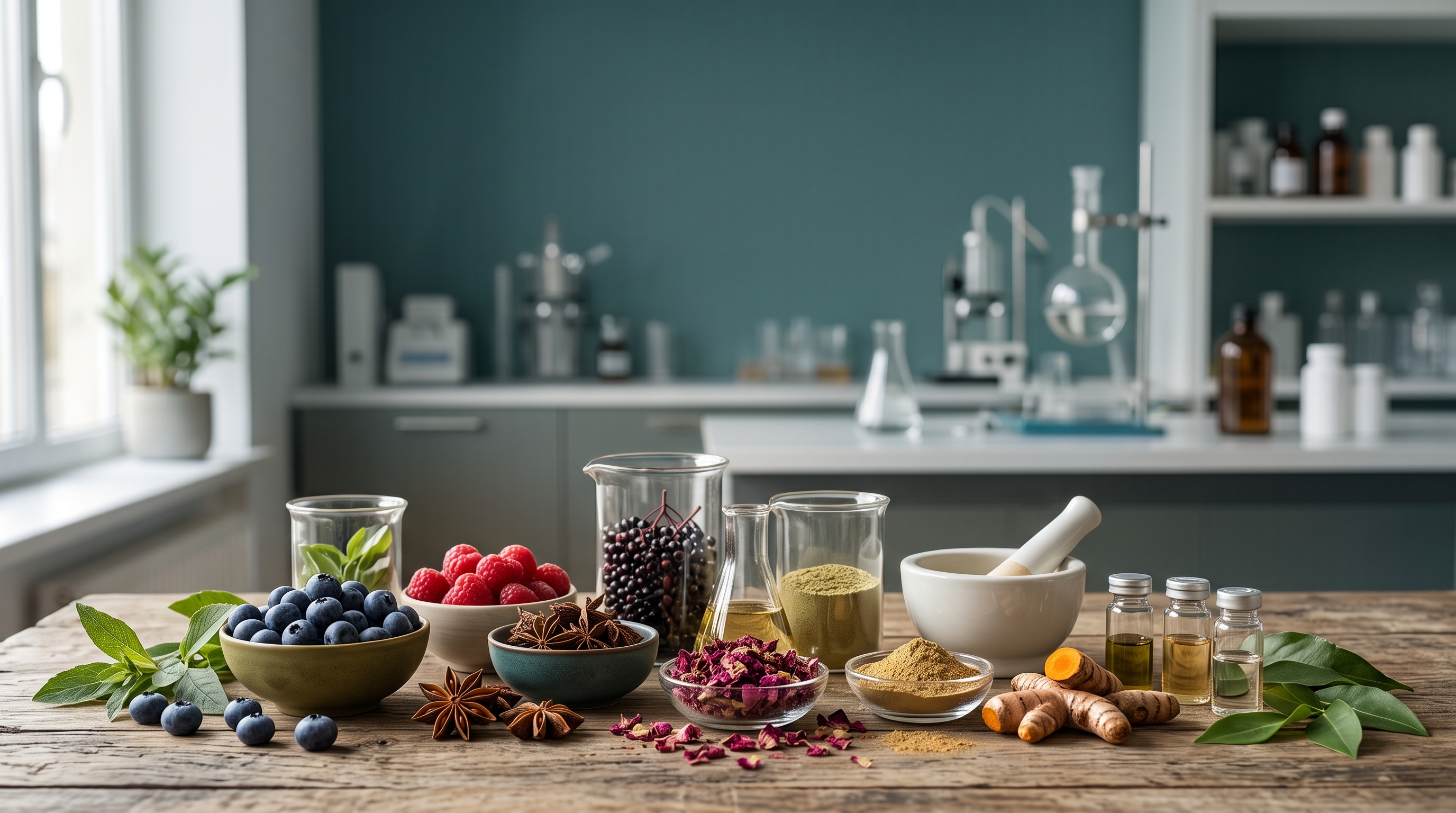 Natural ingredients and laboratory glassware representing molecular authenticity verification